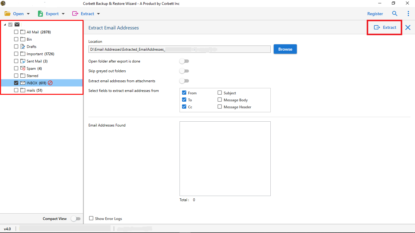 click extract to Extract email addresses from MSG files