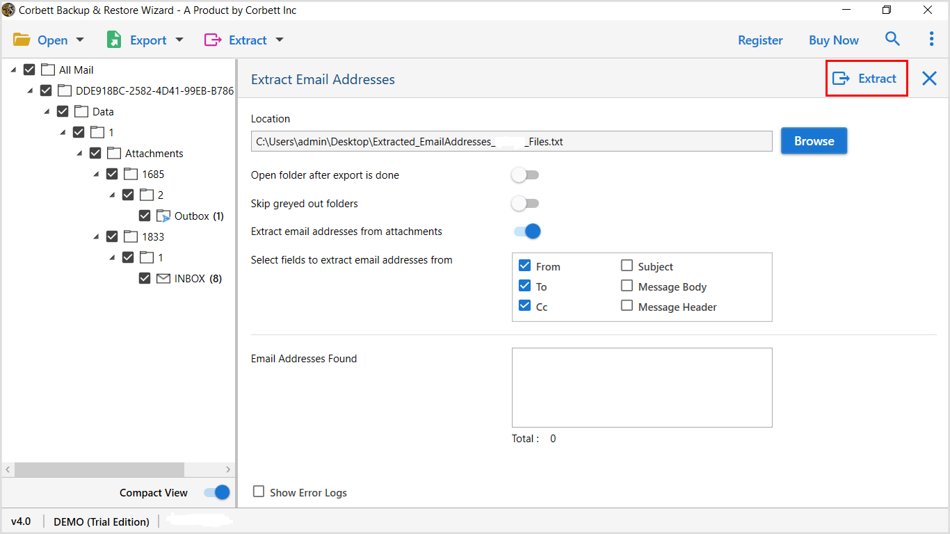 click extract to extract email addresses from MailBird