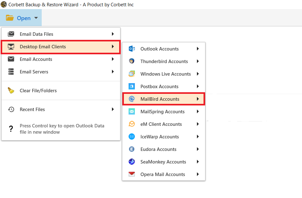 select desktop email clients and then select Mailbird account 