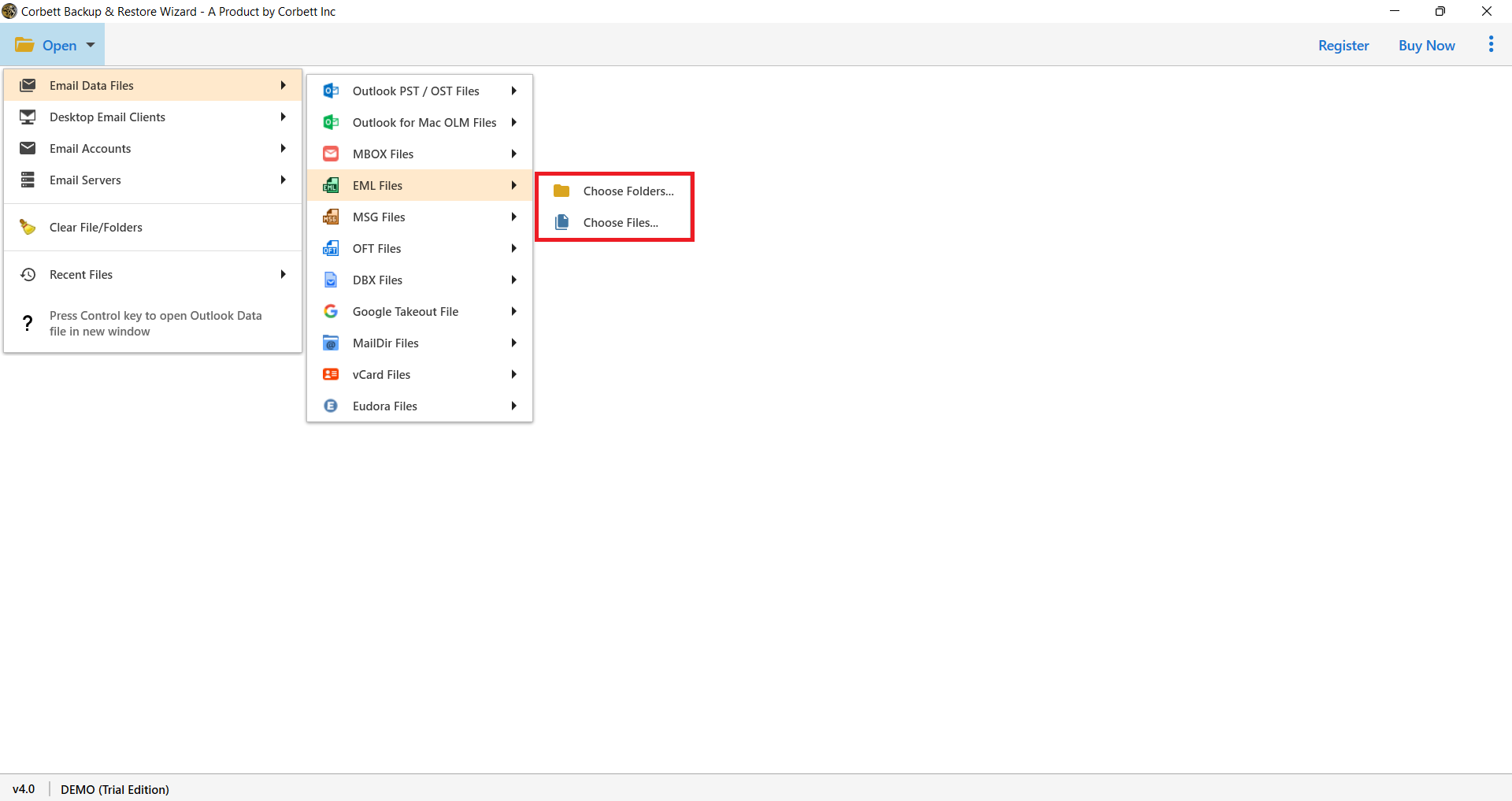 select EML Files and then choose files and folders