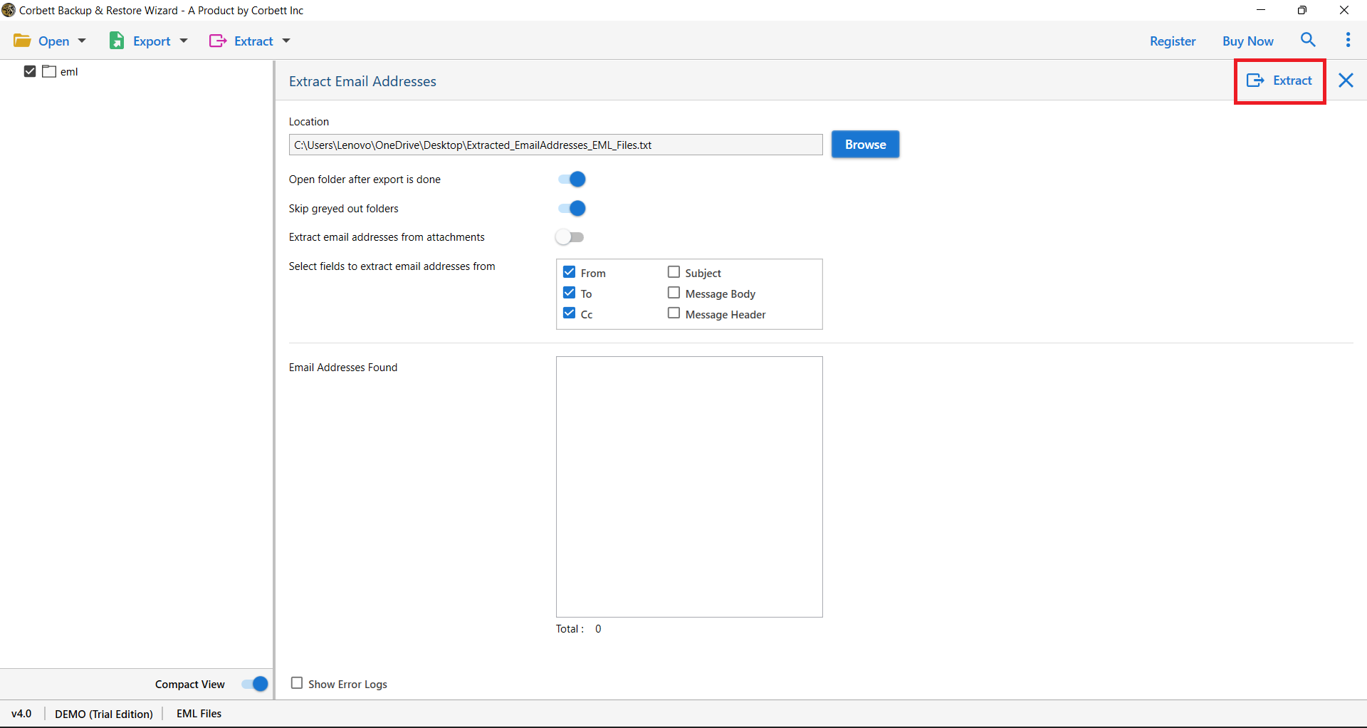 click save to extract email address from EML files