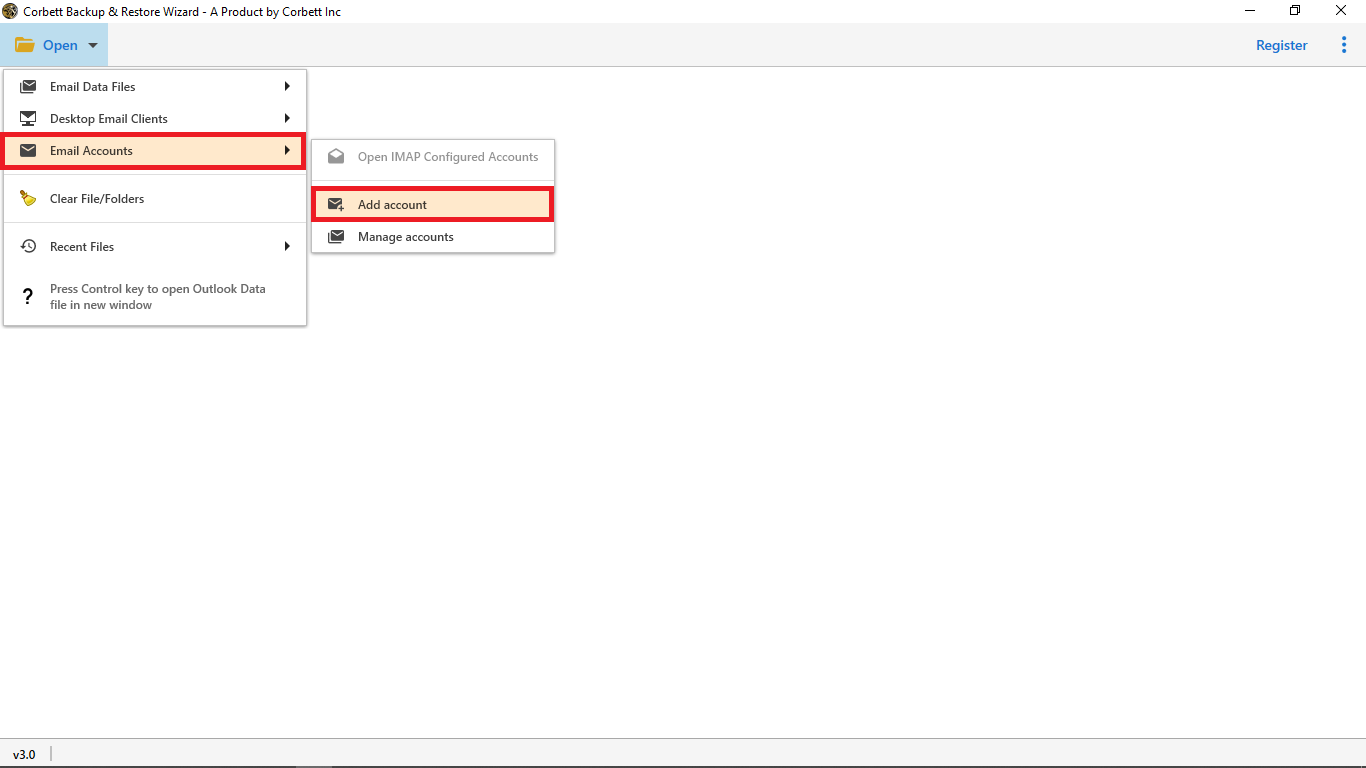 Click Open and select Add Account under Email Accounts
