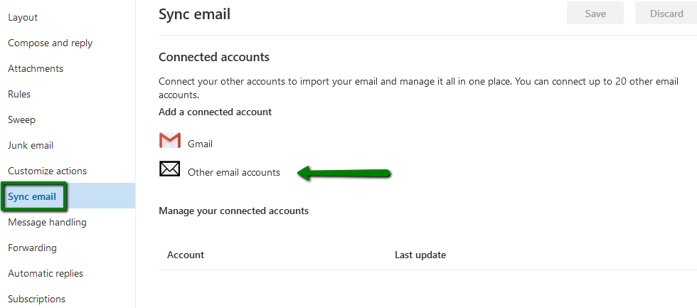Select the Sync email option, and Select Other email accounts option