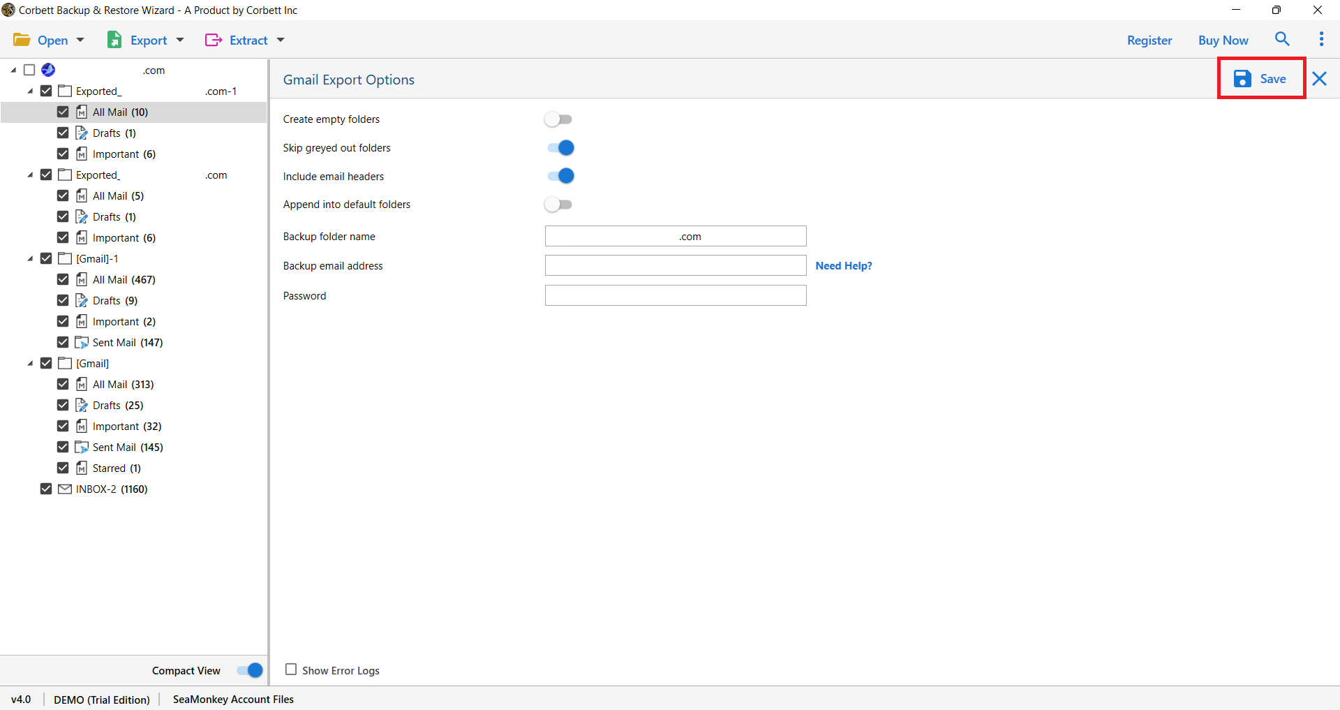 Select Save to start Seamonkey Migration