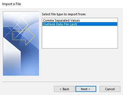 select Outlook PST format