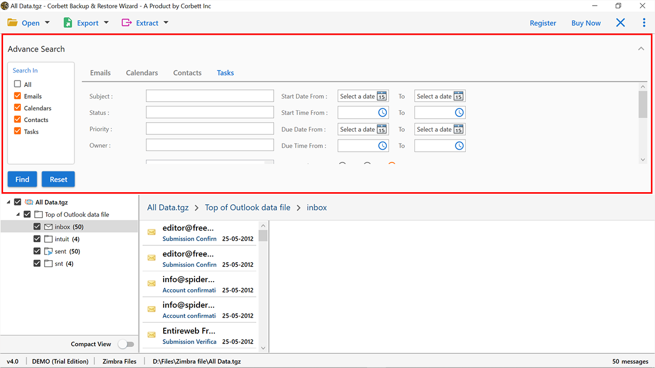 Zimbra data filters