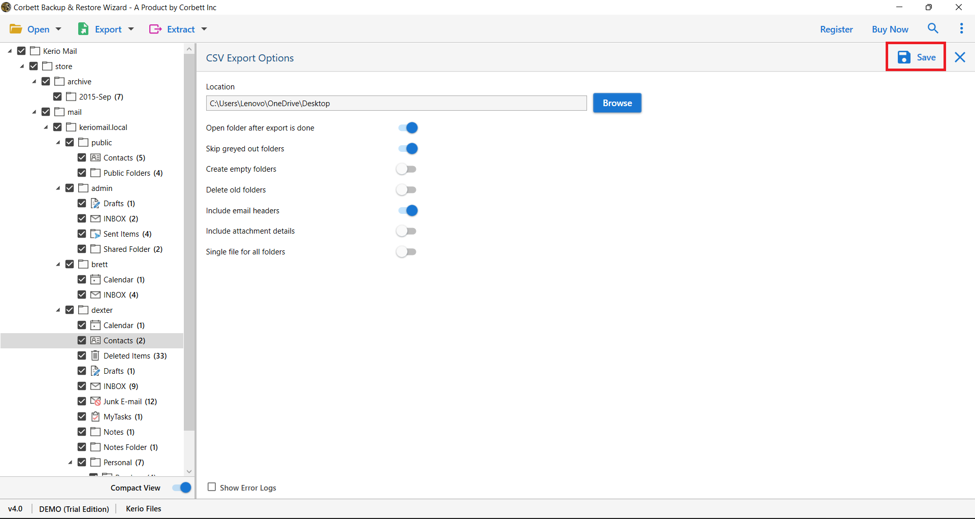 Select Save to export Kerio Contact to CSV