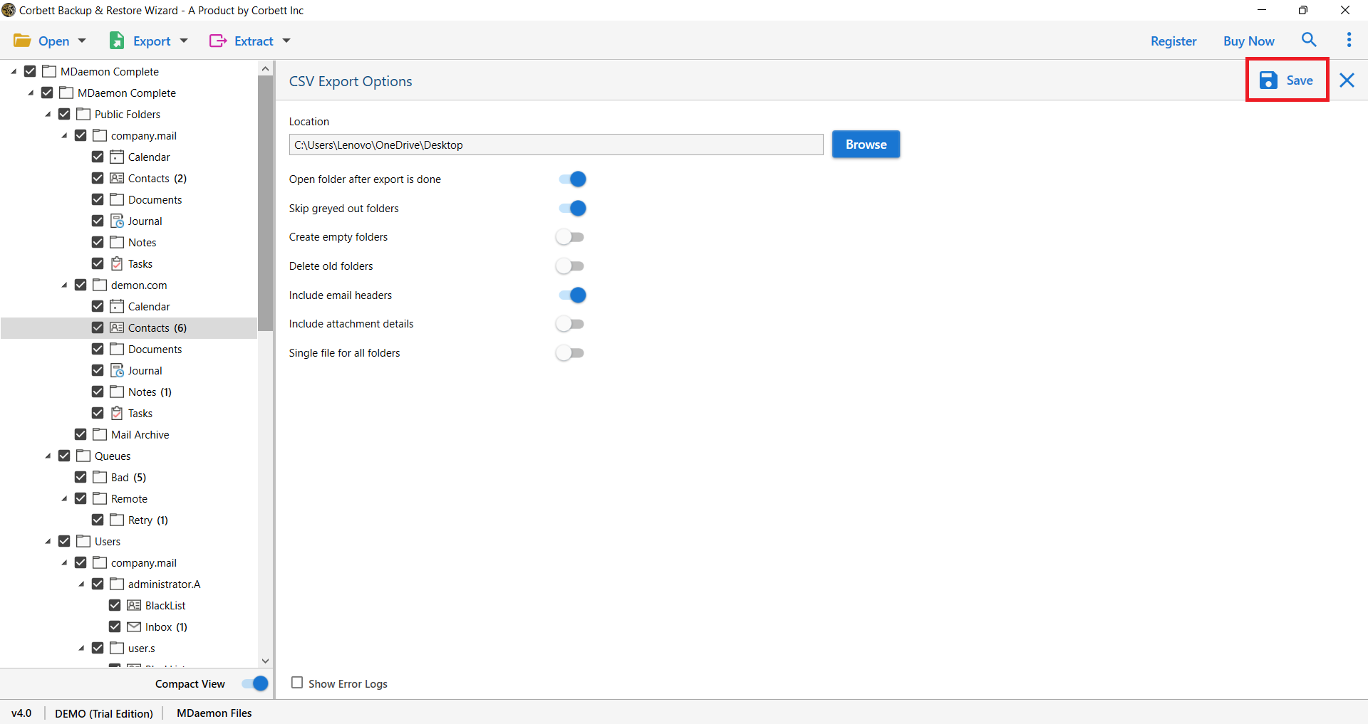 Select Save to convert MDaemon contacts to CSV