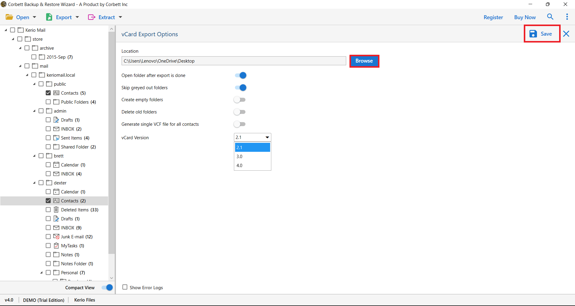 Select Save to export Kerio Contacts to vCard