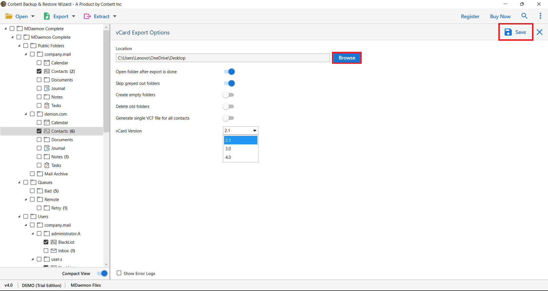 Select Save to export MDaemon contacts to vCard