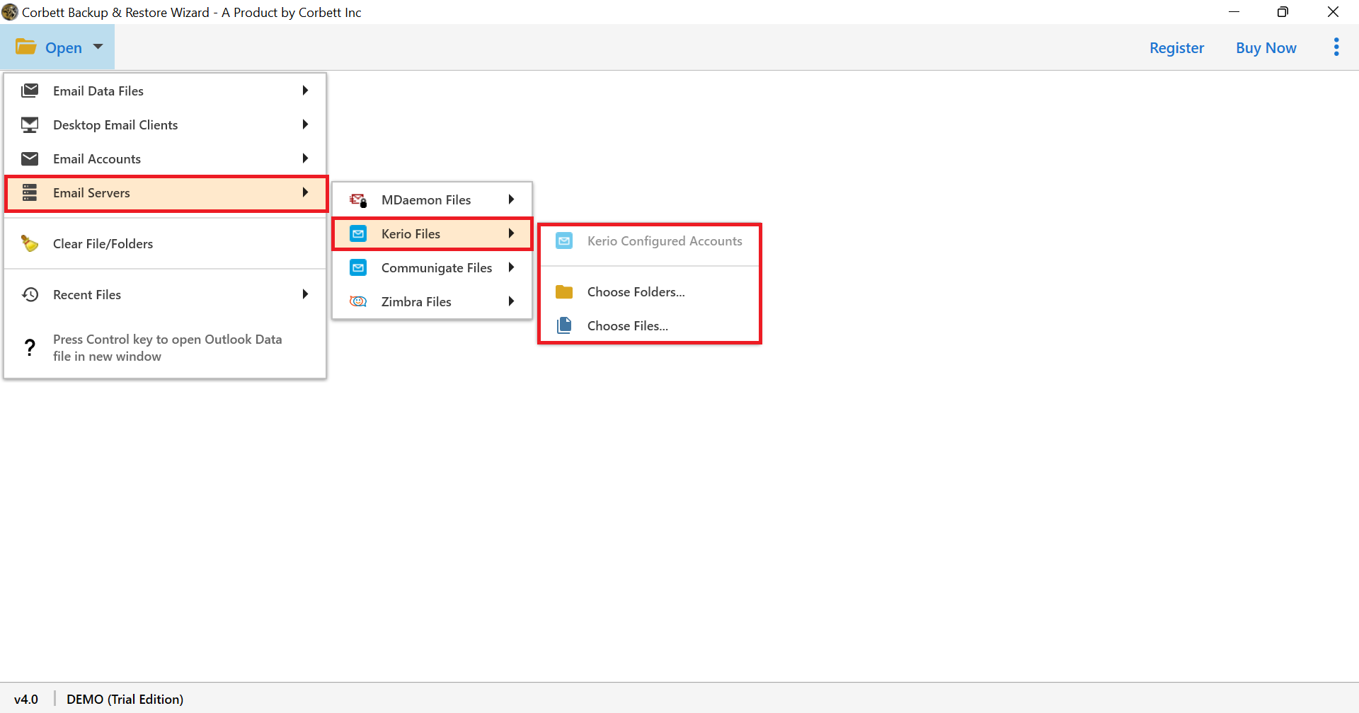 click email servers > kerio files > choose files and folder