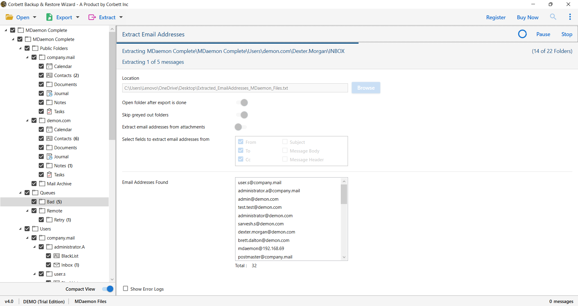 preview the Extracted Email Addresses from MDaemon 