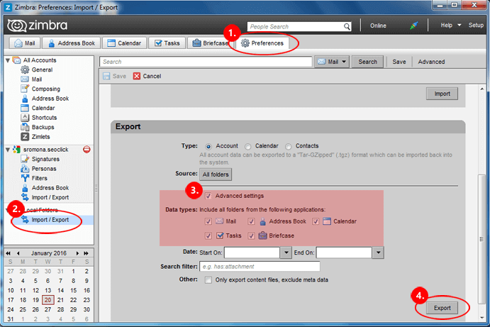 export Zimbra TGZ