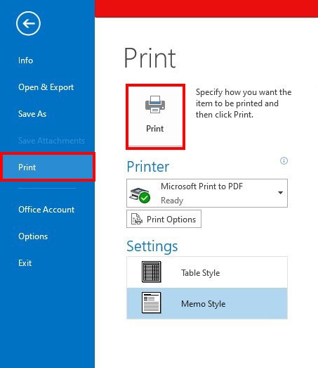 Outlook print option
