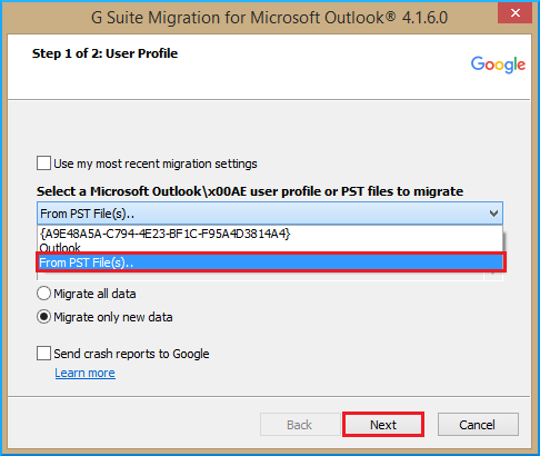 select source as PST file