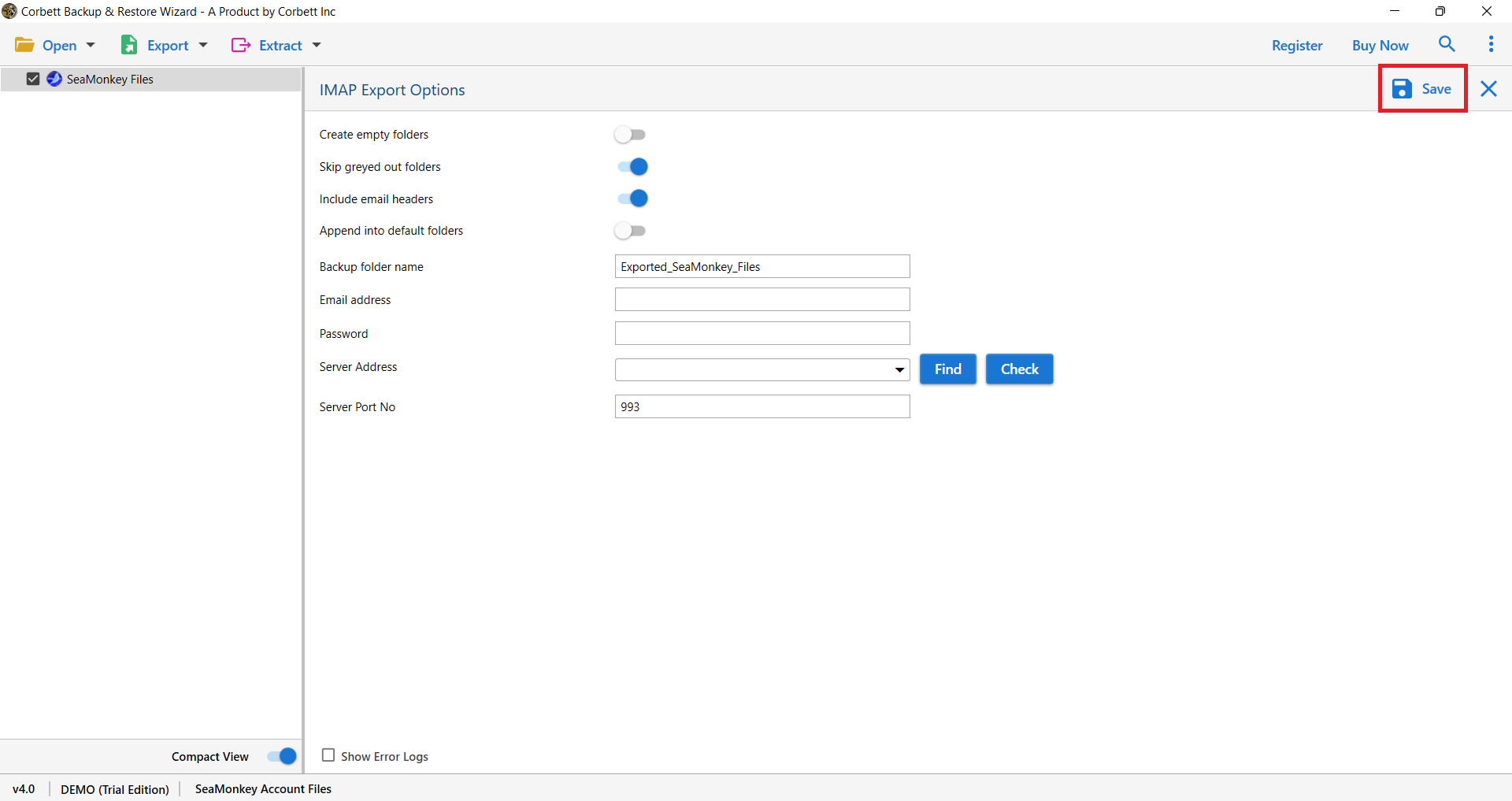 Select Save to Export Seamonkey Emails to Outlook