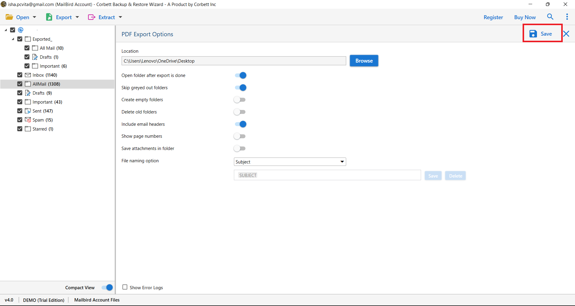 save configuration for mailbird