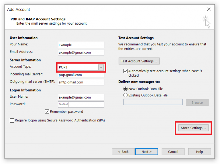 configure account in Outlook for Windows