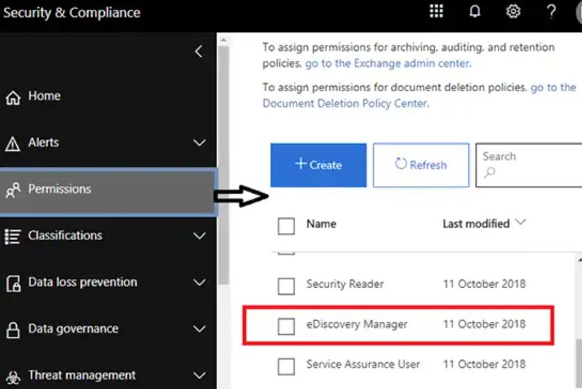 click permissions and edicovery manager options