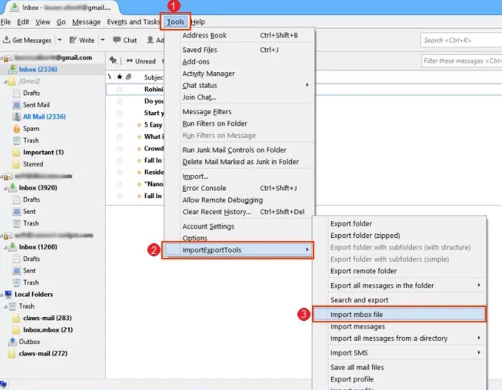 click tools>>import/export addon>>import a mbox file