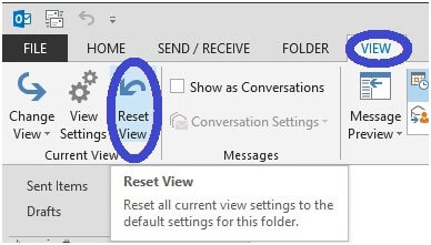 click reset view to rectify Outlook inbox showing unread messages