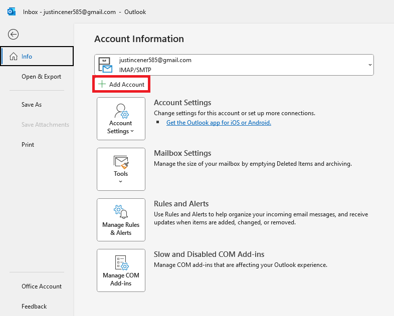 run outlook and click on add account