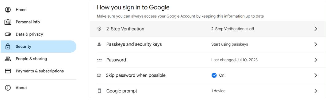 select the 2-step verification