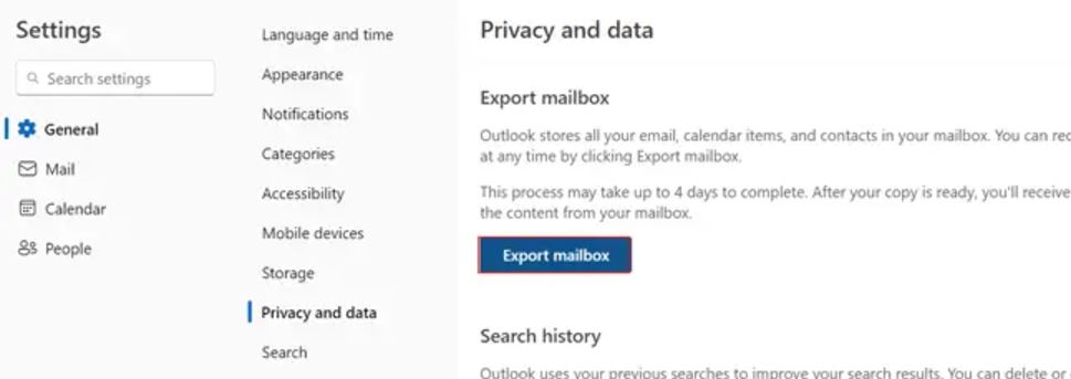 click on export mailbox option