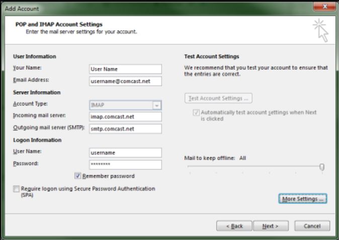 enter imap settings