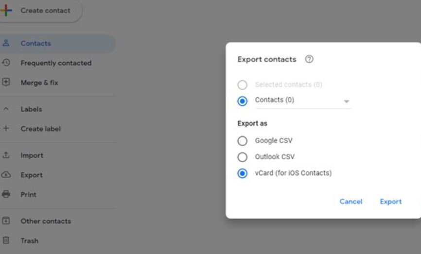 select vcard for ios contacts option