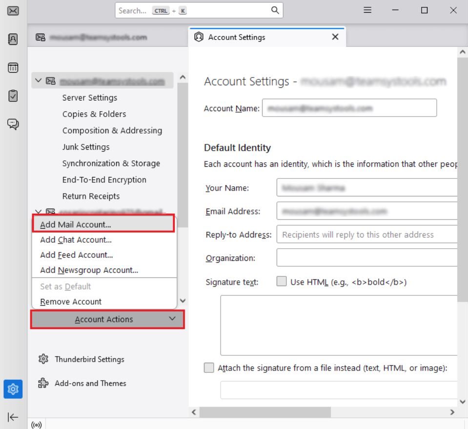 click on account action, then add a mail account