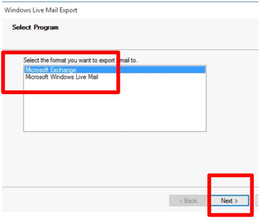 click microsoft exchange and then next