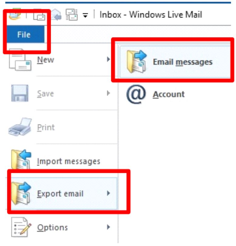 click export email, then email messages buttons