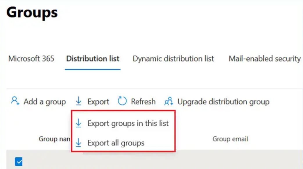 choose export groups in this list or export all groups