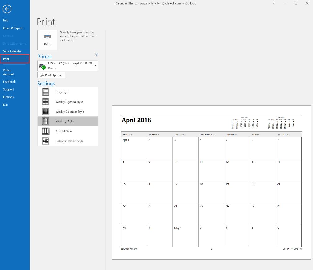 ctrl+p to print calendar