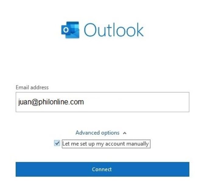 click on let me set up my account manually