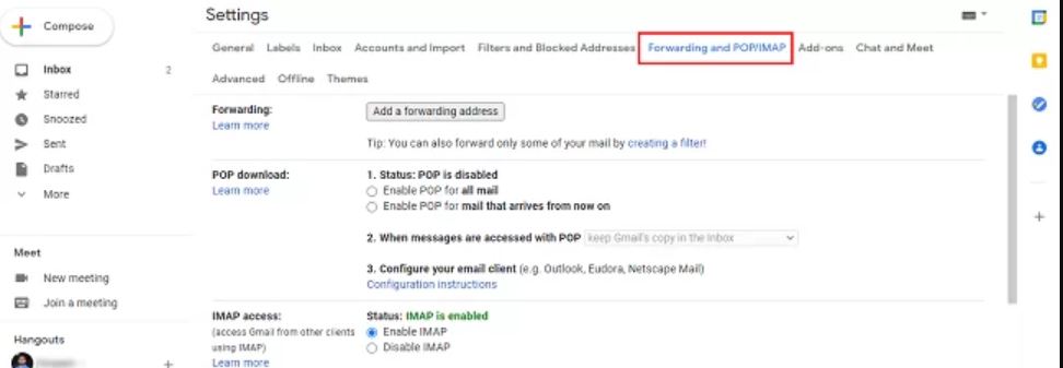 click on forwarding and pop/imap tab