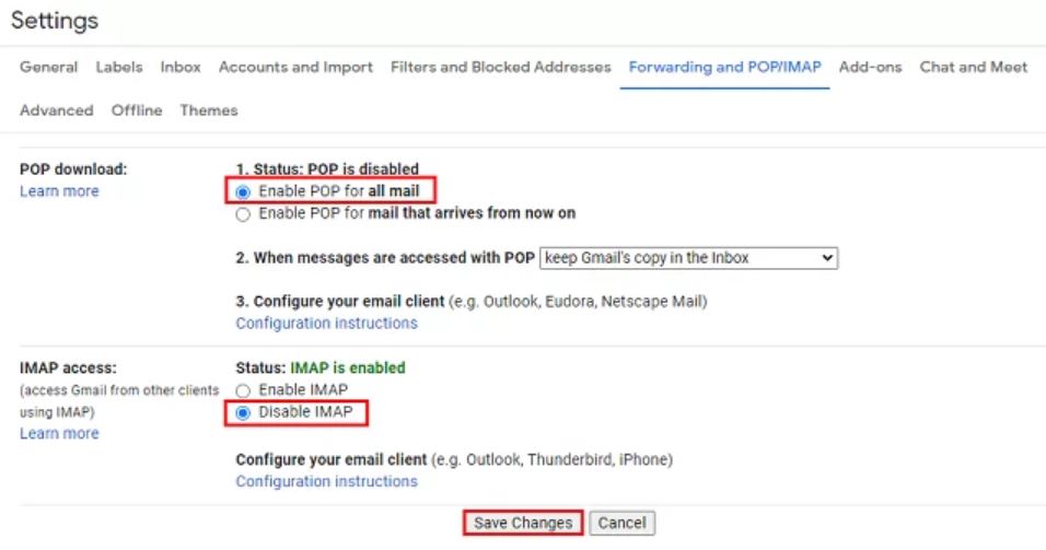 enable pop and disable imap options