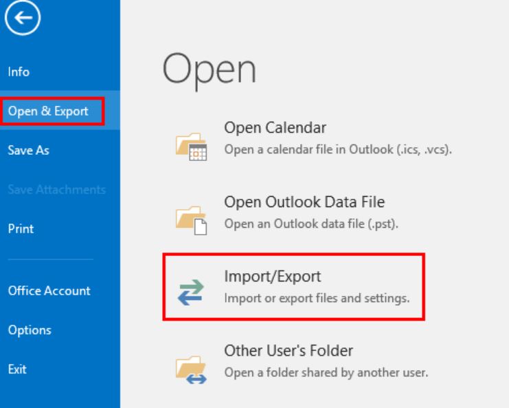 select open & export, then import/export