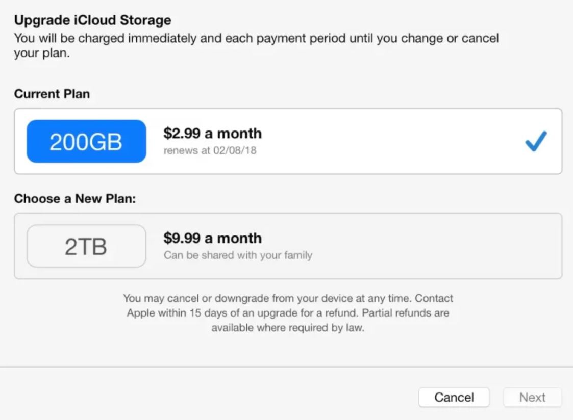 upgrade icloud account