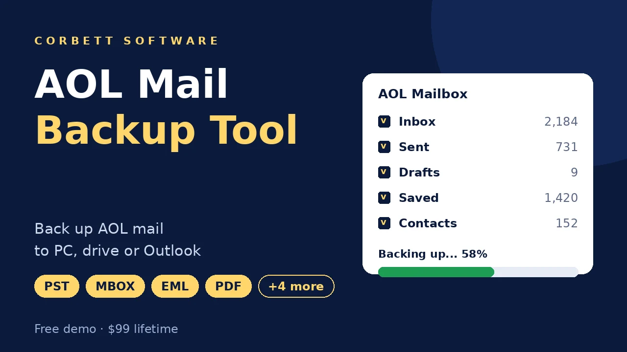 AOL backup tool video walkthrough showing AOL folder selection and backup progress