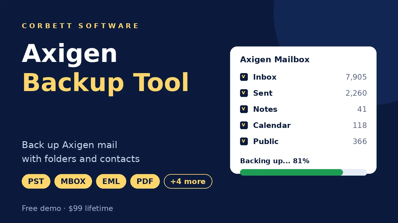 Axigen backup tool video walkthrough showing Axigen folder selection and backup progress