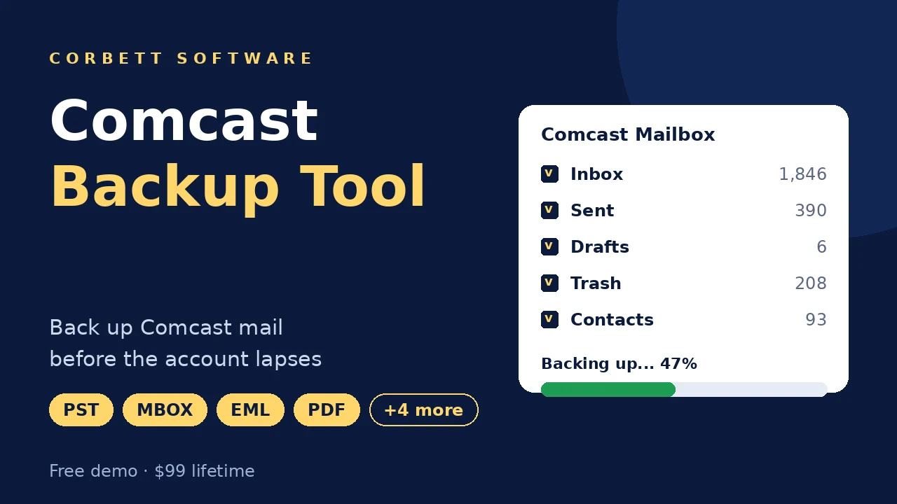 Comcast backup tool video walkthrough showing Comcast folder selection and backup progress