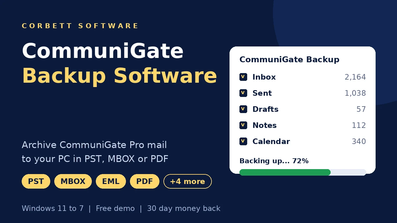 CommuniGate backup software video walkthrough showing server selection and backup progress
