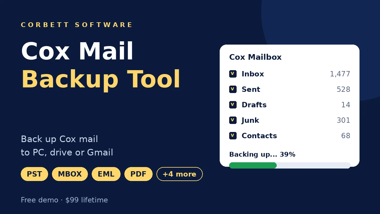 Cox Mail backup tool video walkthrough showing Cox folder selection and backup progress