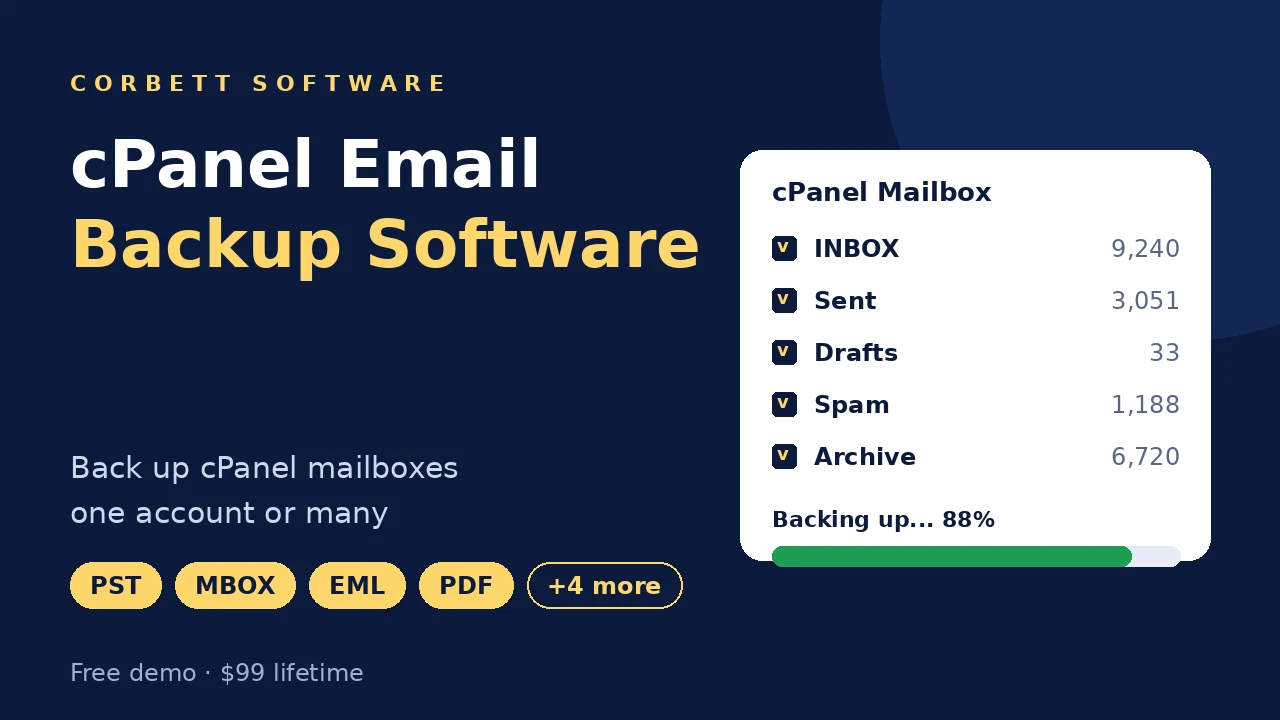 cPanel email backup software video walkthrough showing folder selection and backup progress