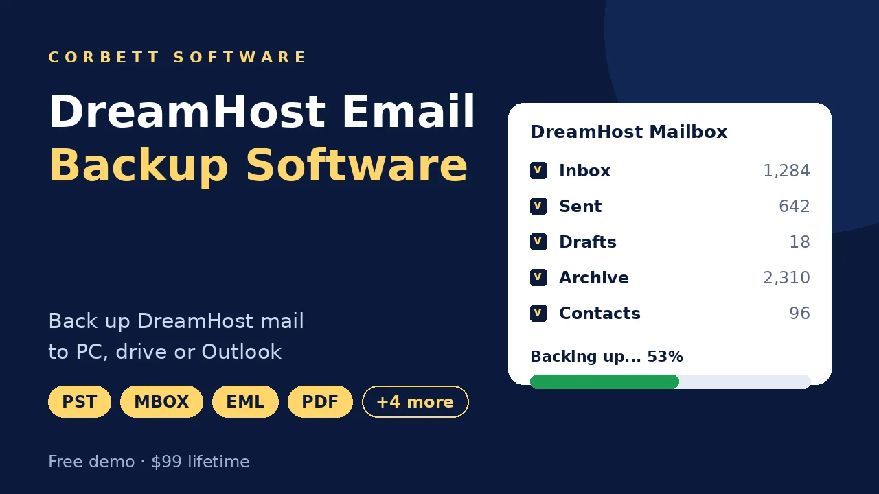 DreamHost email backup software video walkthrough showing folder selection and backup progress