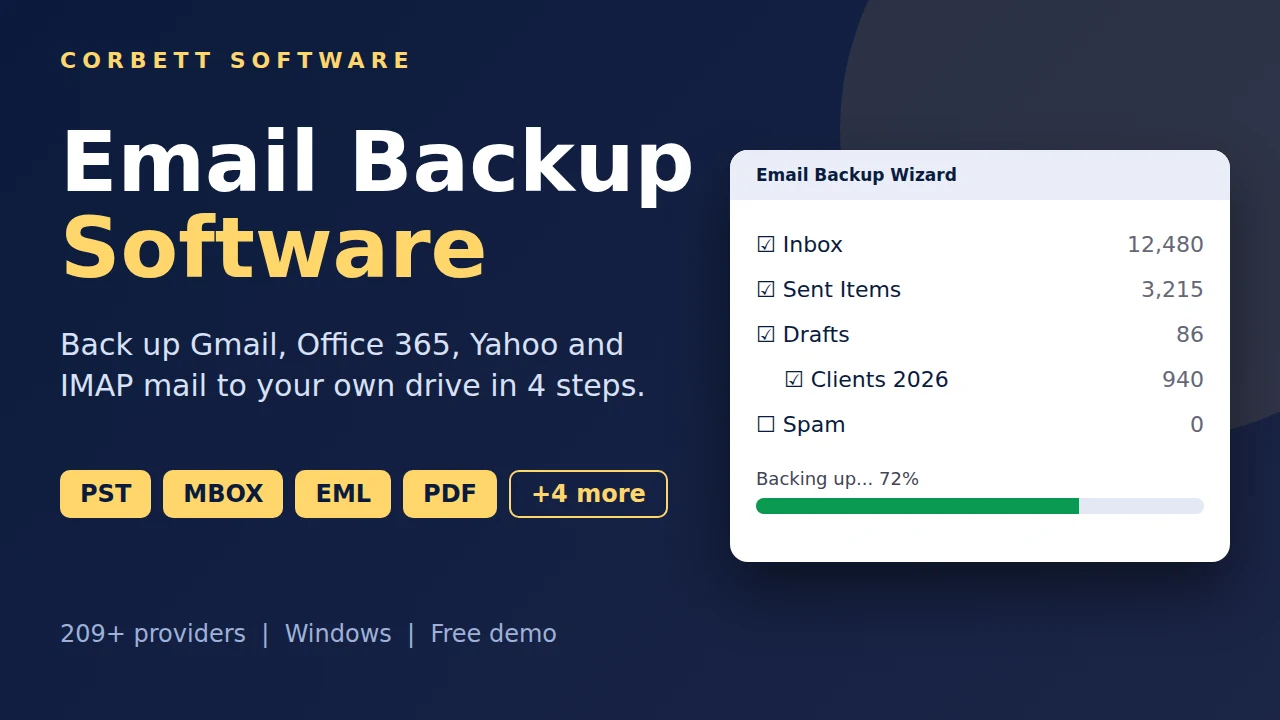 Email backup software video walkthrough showing folder selection and backup progress