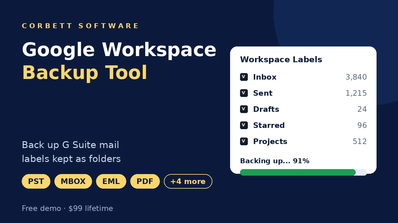 Google Workspace backup tool video walkthrough showing label selection and backup progress
