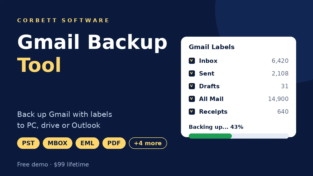 Gmail backup tool video walkthrough showing label selection and backup progress